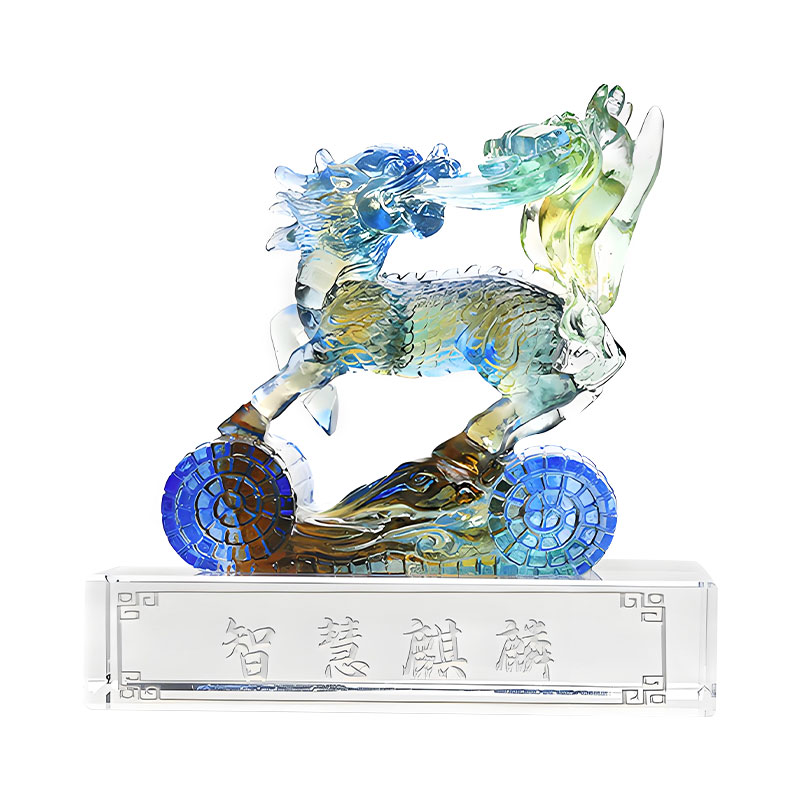 Wisdom Kirin Blue Amber Green Colored Glass Crystal Ornament