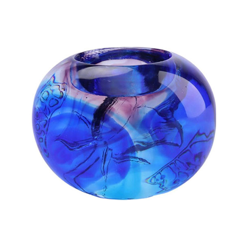 Blue colored glaze crystal carved Candle Holder