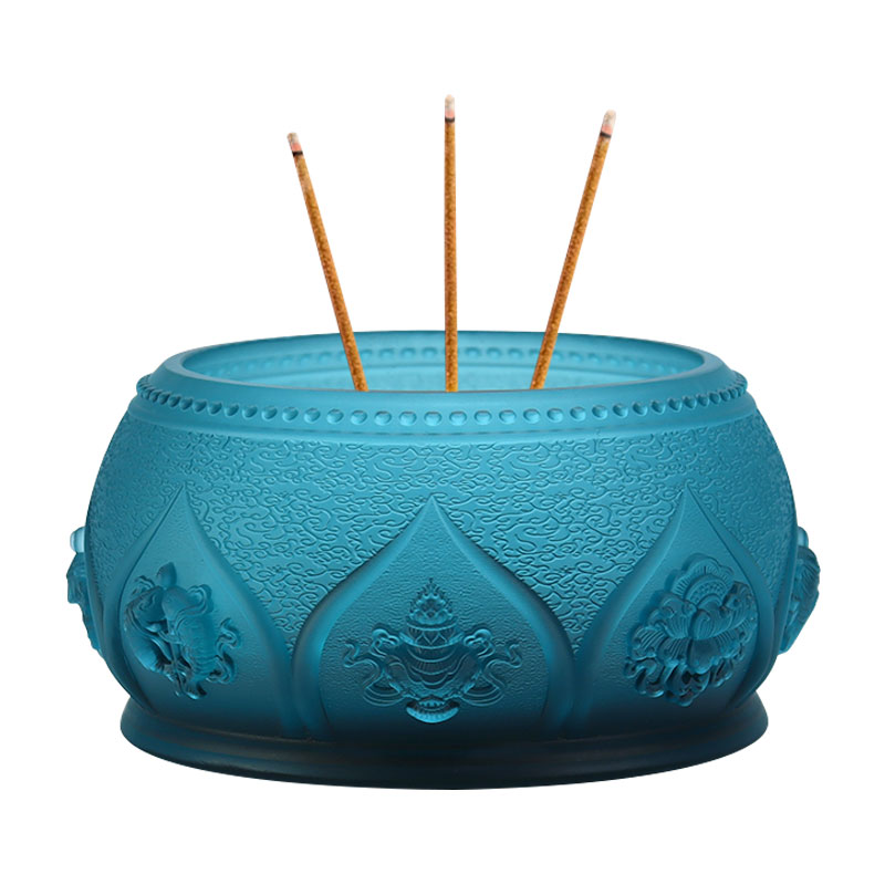 Royal Blue Eight Auspicious Symbols Buddhist Altar Crystal Glass Alay