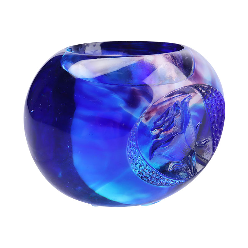 Blue colored glaze crystal carved Candle Holder