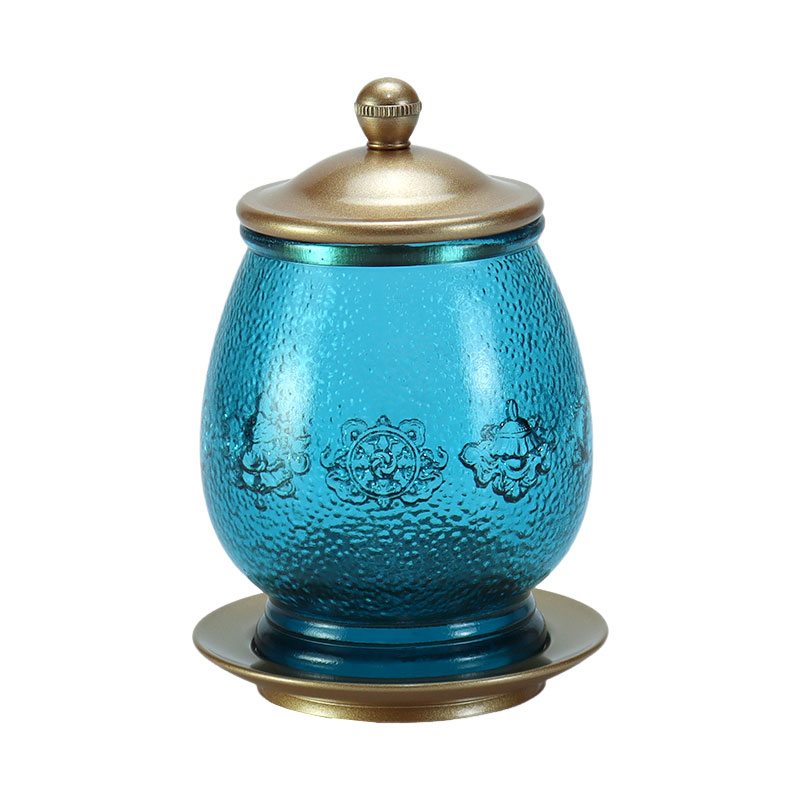 Royal Blue Eight Auspicious Symbols Buddhist Altar Crystal Glass Alay