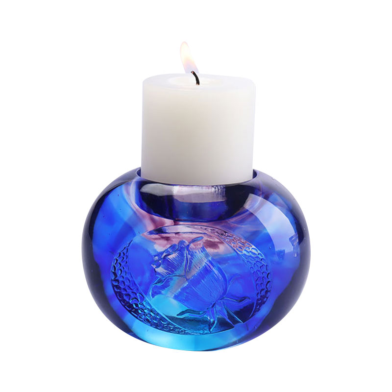 Blue colored glaze crystal carved Candle Holder
