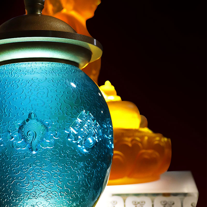 Royal Blue Eight Auspicious Symbols Buddhist Altar Crystal Glass Alay