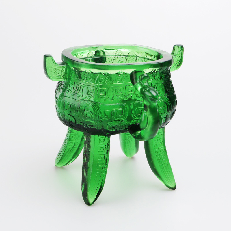 Emerald green na Crystal Glass tripod na may mga hawakan na hugis tainga